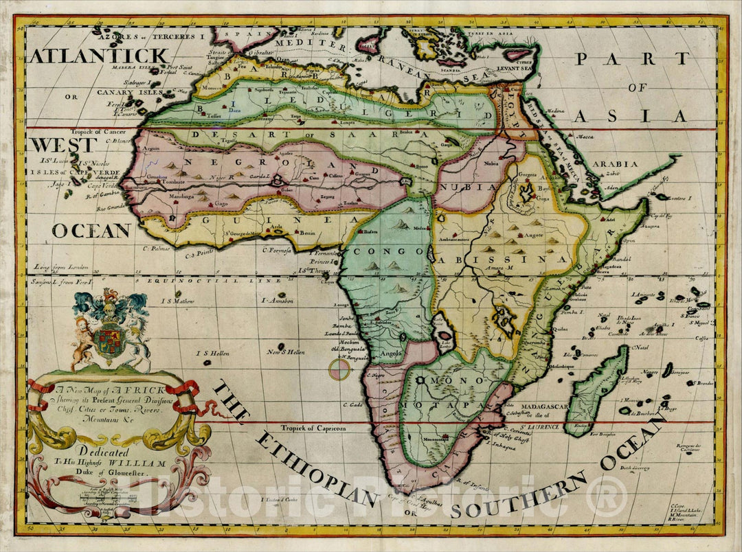 Historic Map : Africa, Shewing its Present Divisions, Chief Cities & Towns; Rivers, Mountains &c. Dedicated to his Highness William Duke of Gloucester, 1700, Vintage Wall Art