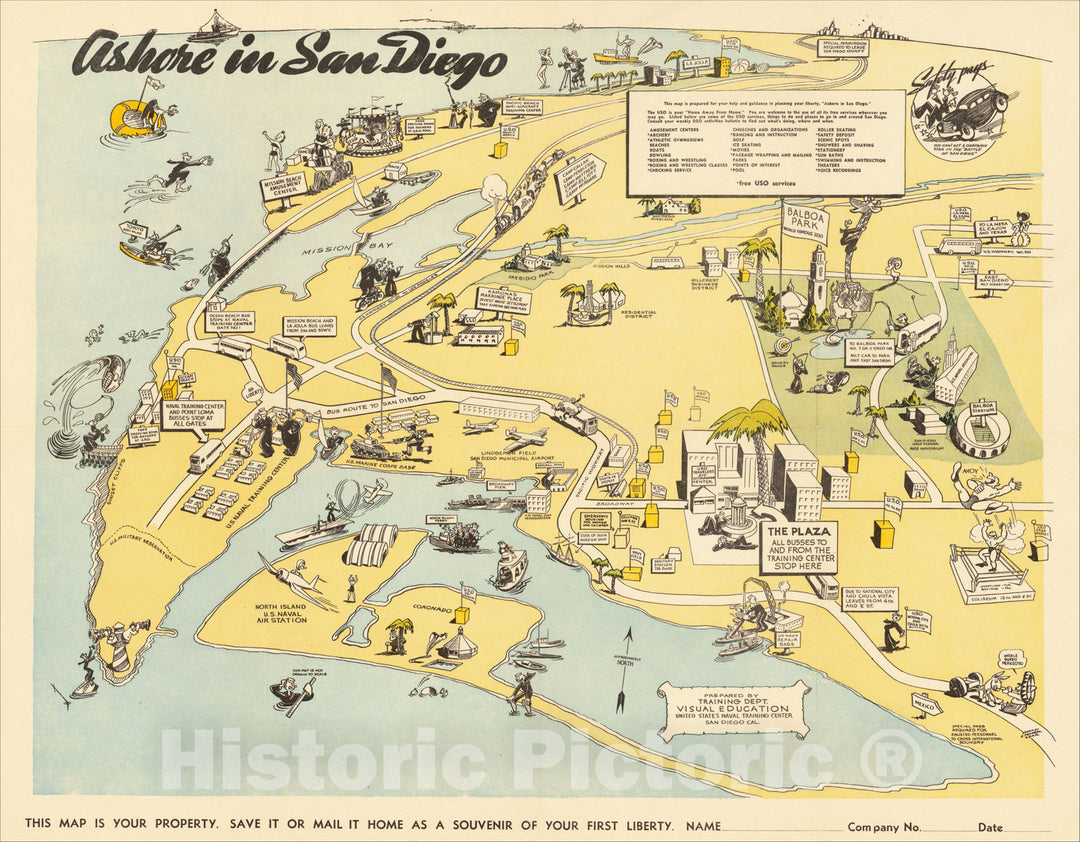 Historic Map : Ashore in San Diego., 1943, United States Naval Training Center, v2, Vintage Wall Art