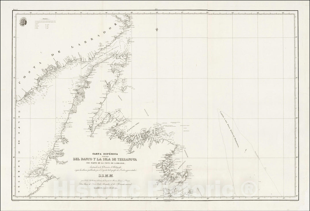 Historic Map : Carta Esferica en dos hojas Del Banco y La Isla De Terranova con parte de la Costa de Labrador, 1840, Direccion Hidrografica de Madrid, Vintage Wall Art