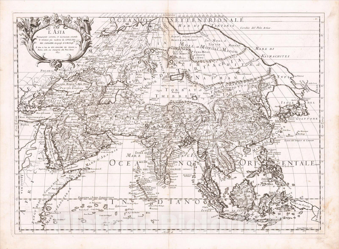 Historic Map : L'Asia Nuovamente corretta et accresciuta, secondo le relationi piu moderne da Guglielmo Sansone, 1677, 1677, Giacomo Giovanni Rossi, Vintage Wall Art