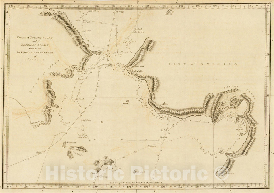 Historic Map : Chart of Norton Sound and of Bherings Strait made by the East Cape of Asia and the West Point of America, 1784, James Cook, v2, Vintage Wall Art