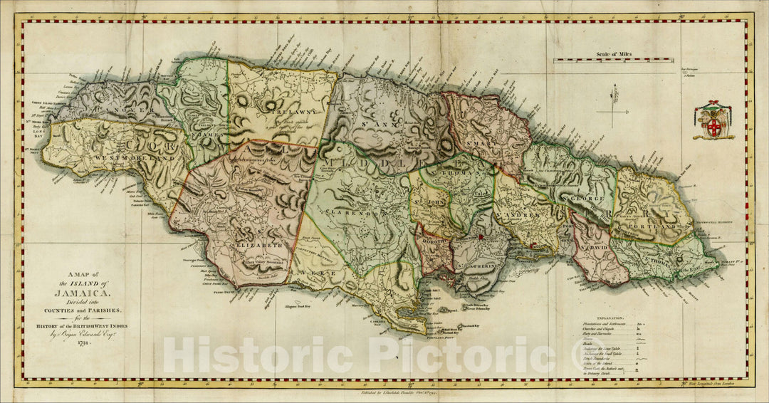 Historic Map : Map of the Island of Jamaica, Divided into Counties and Parishes, 1794, 1794, Bryan Edwards, Vintage Wall Art