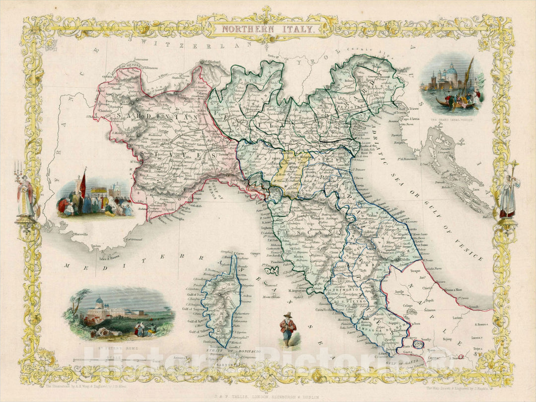 Historic Map : Northern Italy, 1851, John Tallis, v3, Vintage Wall Art