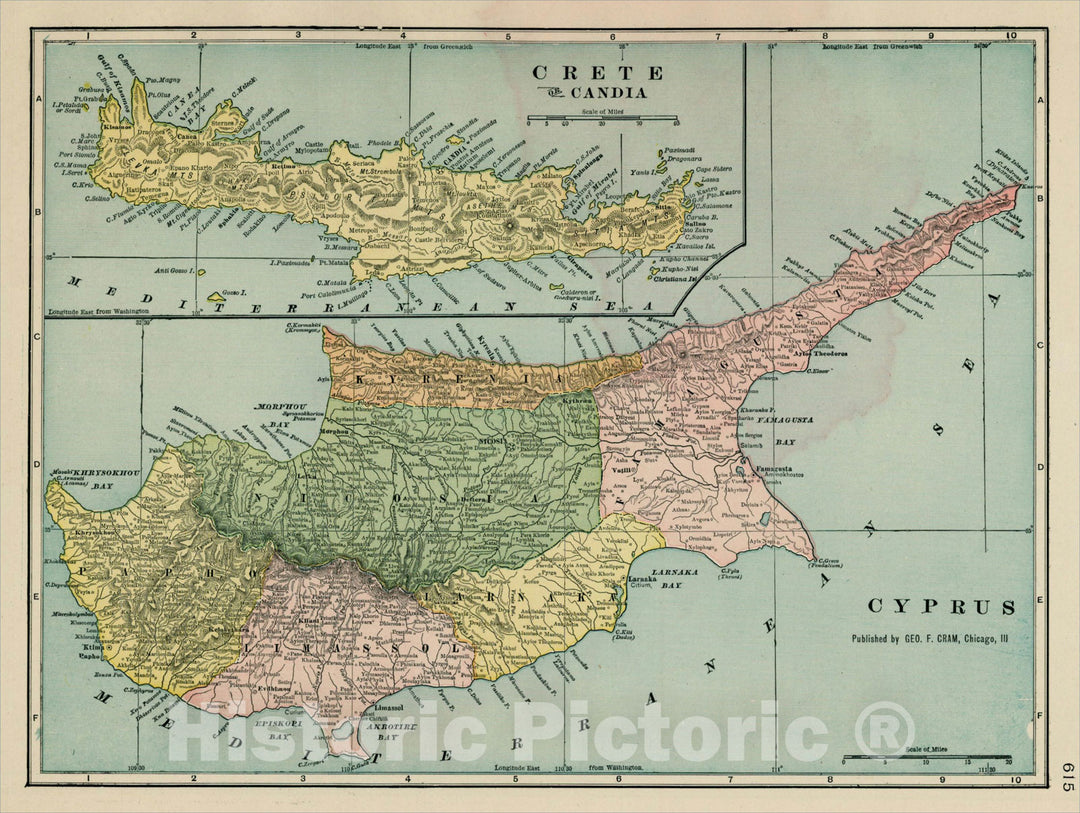 Historic Map : Cyprus, c1890, George F. Cram, v2, Vintage Wall Art