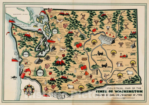 Historic Map : Industrial Map of the State of Washington . ., c1945, Earl Coe, Vintage Wall Art