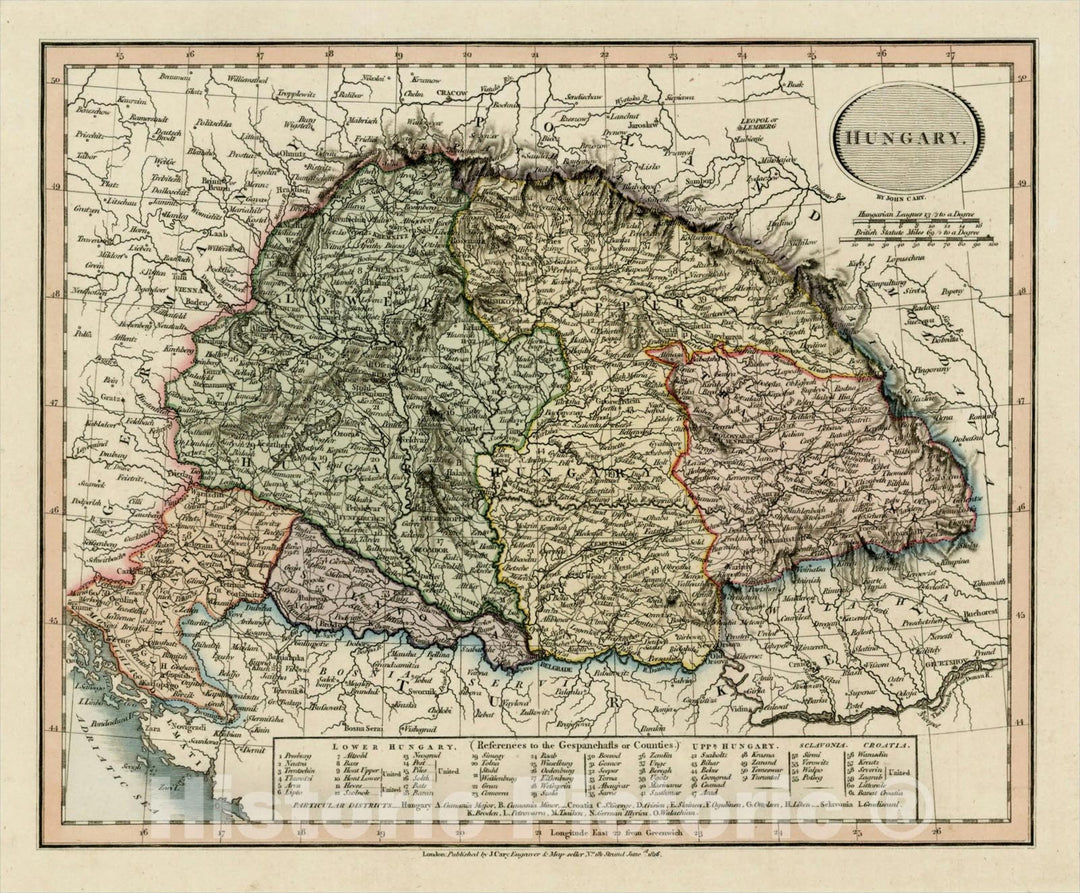 Historic Map : Hungary, 1816, John Cary, Vintage Wall Art