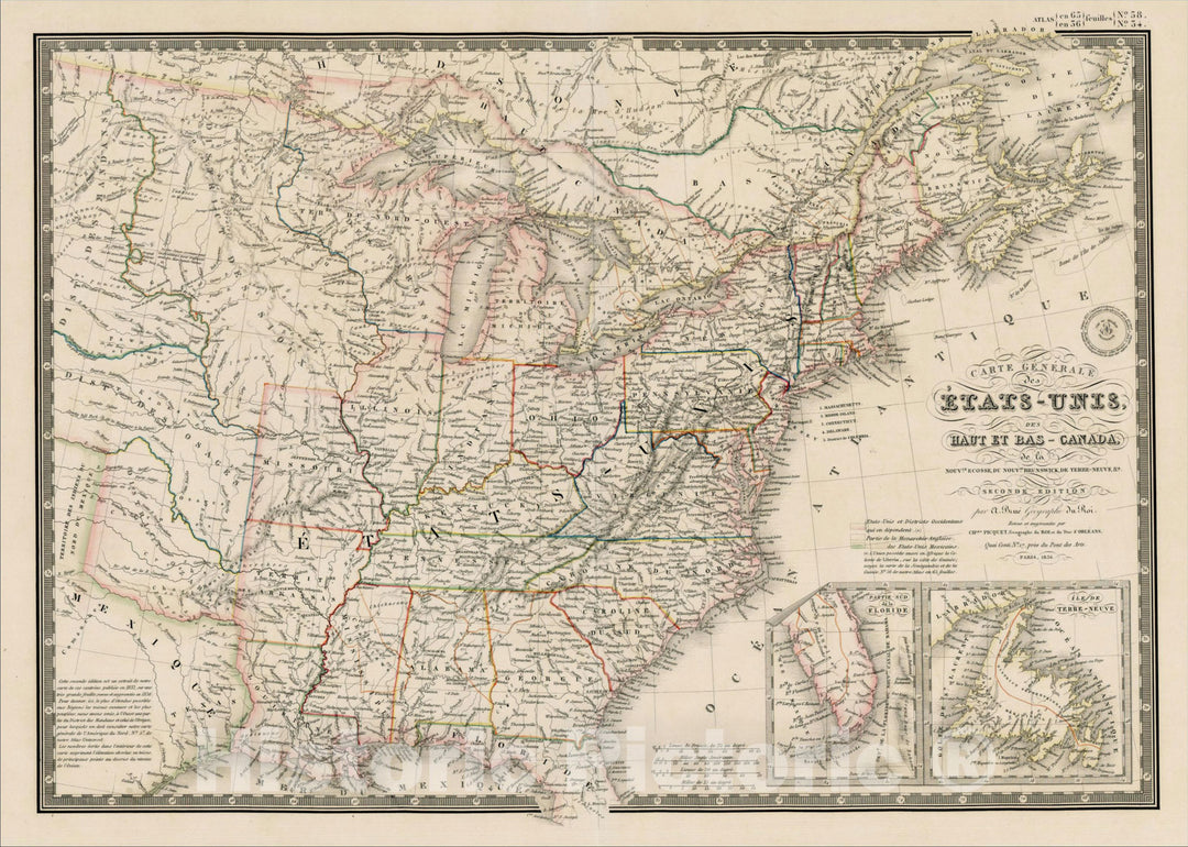 Historic Map : Carte Generale des Etats-Unis, des haut et bas Canada?seconde edition, 1836 [Texas as a Republic], 1836, , Vintage Wall Art