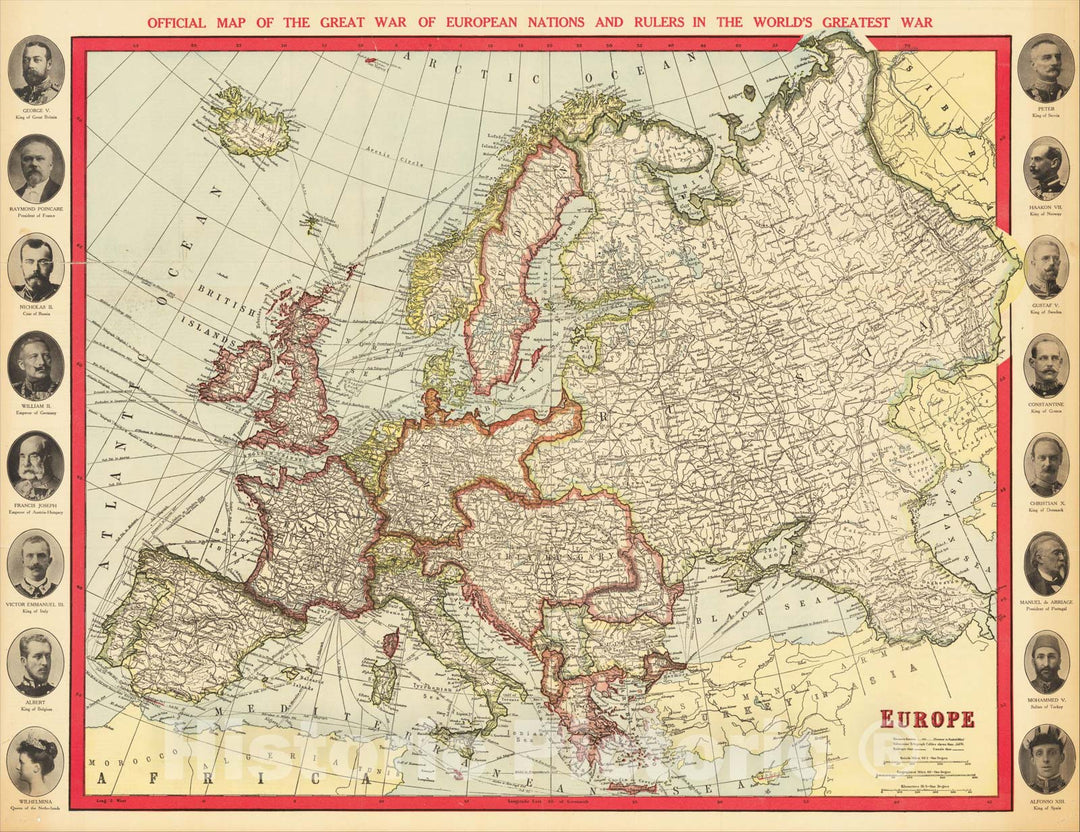 Historic Map : Official Map of the Great War of European Nations and Rulers In the World's Greatest War, 1914, Syndicate Publishing Company, Vintage Wall Art