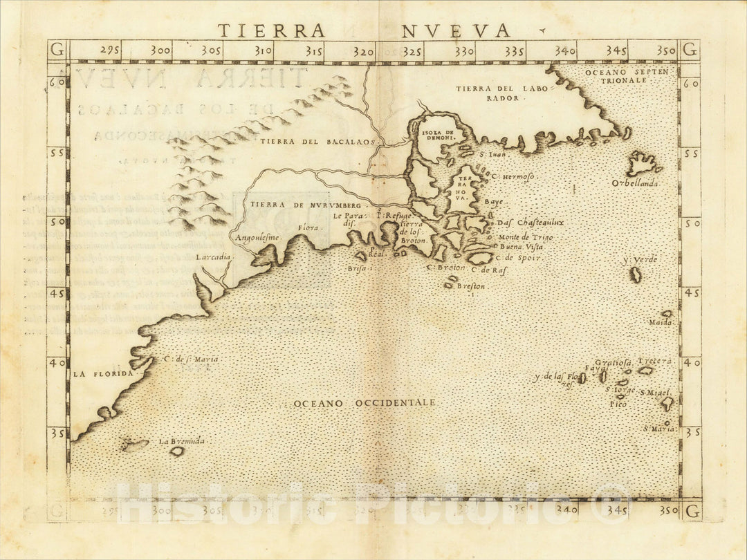 Historic Map : [New England] Tierra Nueva, 1561, Girolamo Ruscelli, Vintage Wall Art