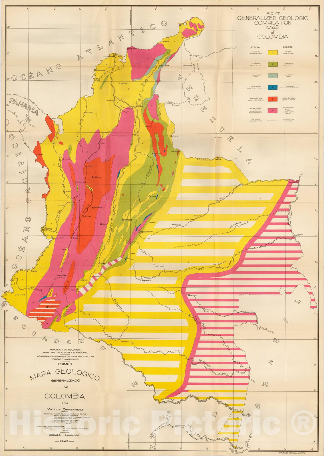 Historic Map : Primer Mapa Geologico Generalizado de Colombia por Victor Oppenheim, 1943, 1943, Victor Eduard Oppeneim, Vintage Wall Art