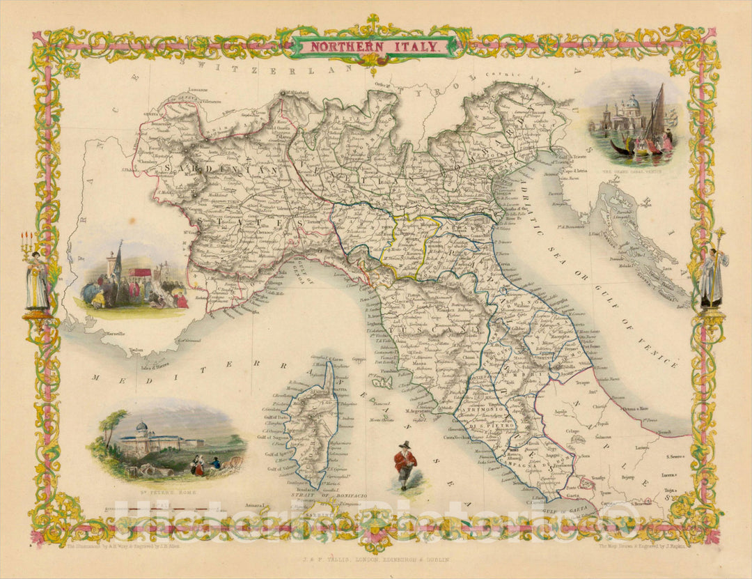 Historic Map : Northern Italy, 1851, John Tallis, v4, Vintage Wall Art