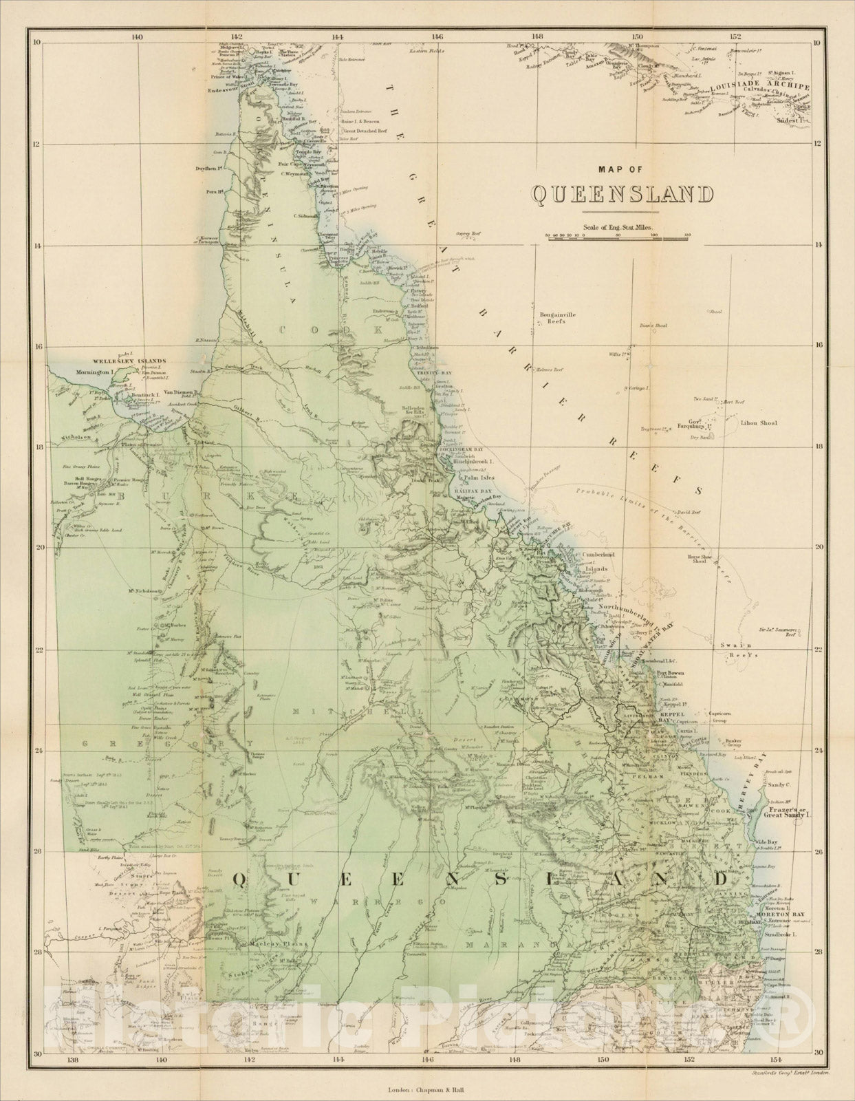 Historic Map : Map of Queensland, 1873, Chapman & Hall, Vintage Wall Art