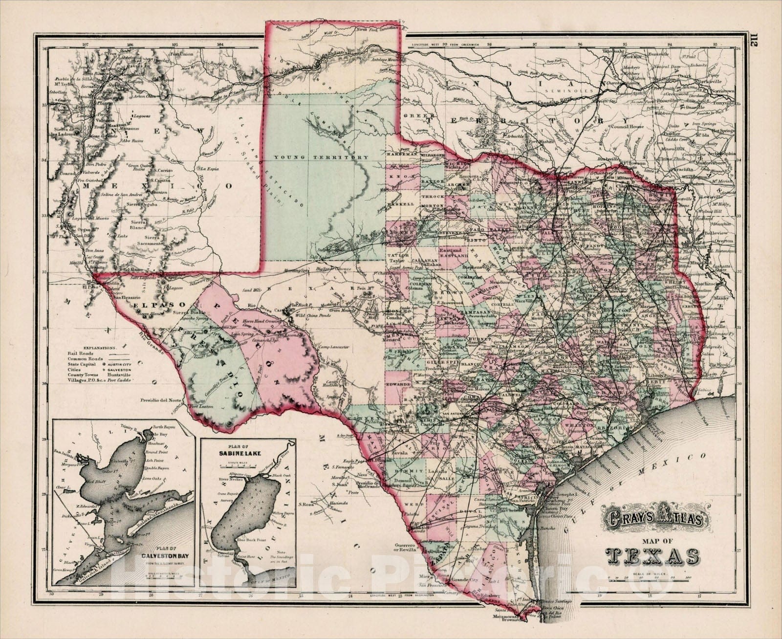 Historic Map : Gray's Atlas Map of Texas, 1873, O.W. Gray, Vintage Wall Art