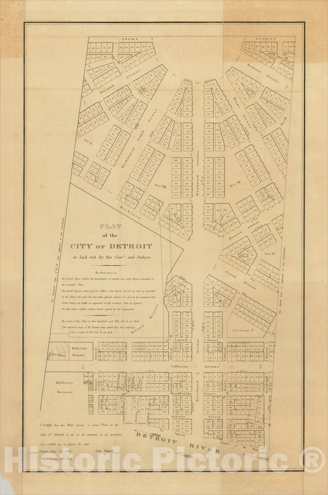 Historic Map : Plat of the City of Detroit as laid out by the Govr. And Judges., 1831, , Vintage Wall Art