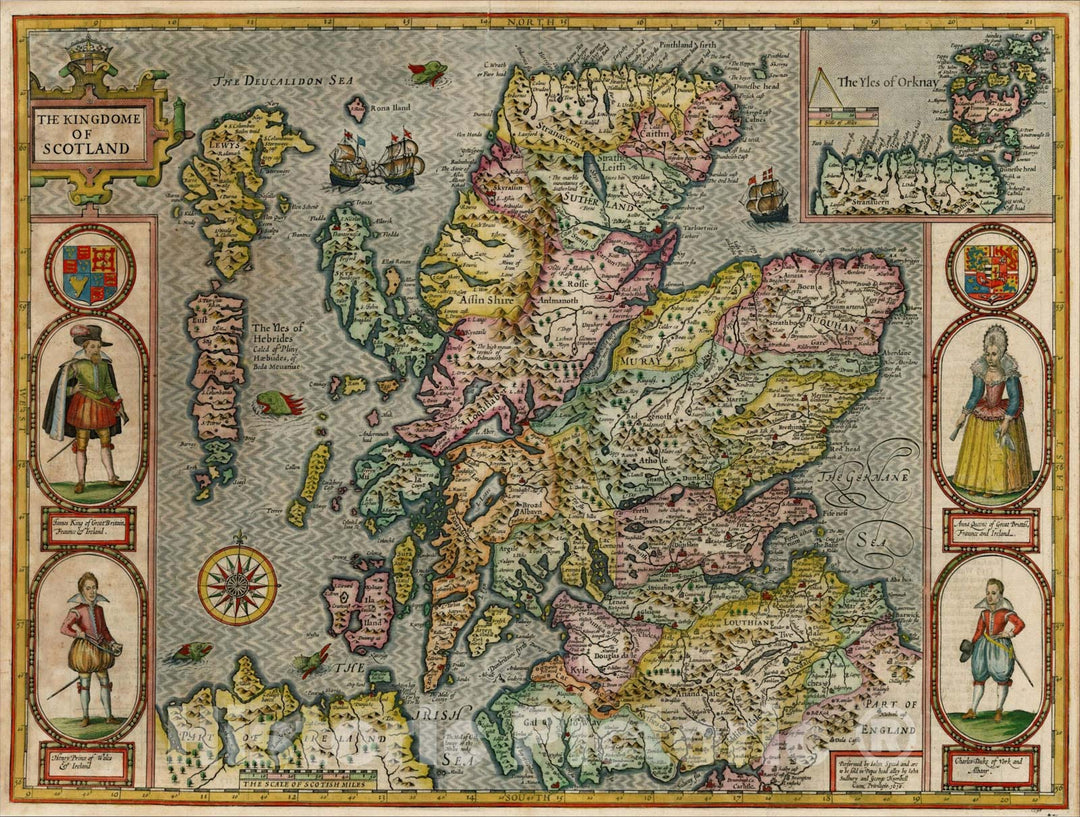 Historic Map : The Kingdome of Scotland, 1610, John Speed, Vintage Wall Art