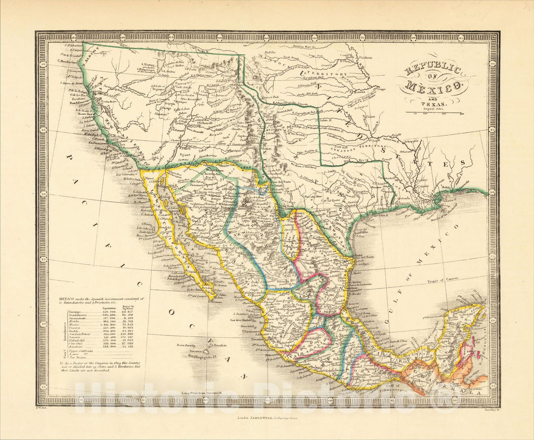 Historic Map : Republic of Texas and Mexico, 1836, James Wyld, v2, Vintage Wall Art