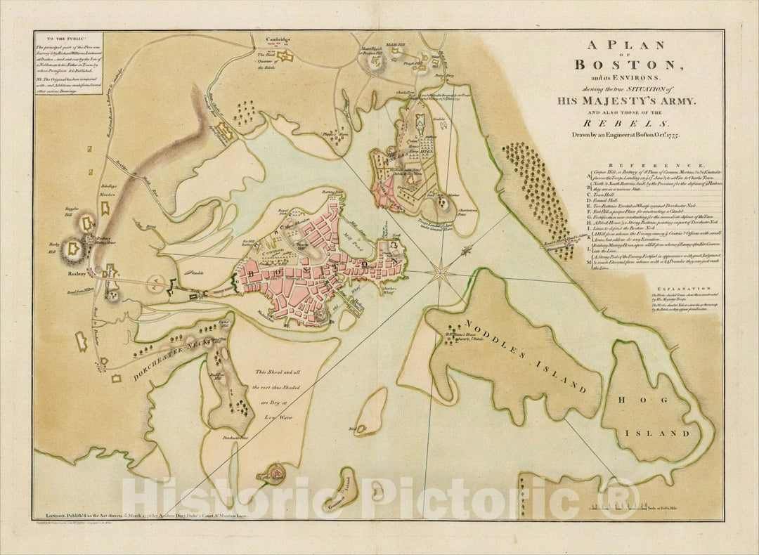 Historic Map : A Plan of Boston, and its Environs, shewing the true Situation of His Majesty's Army, 1776, Andrew Dury, Vintage Wall Art