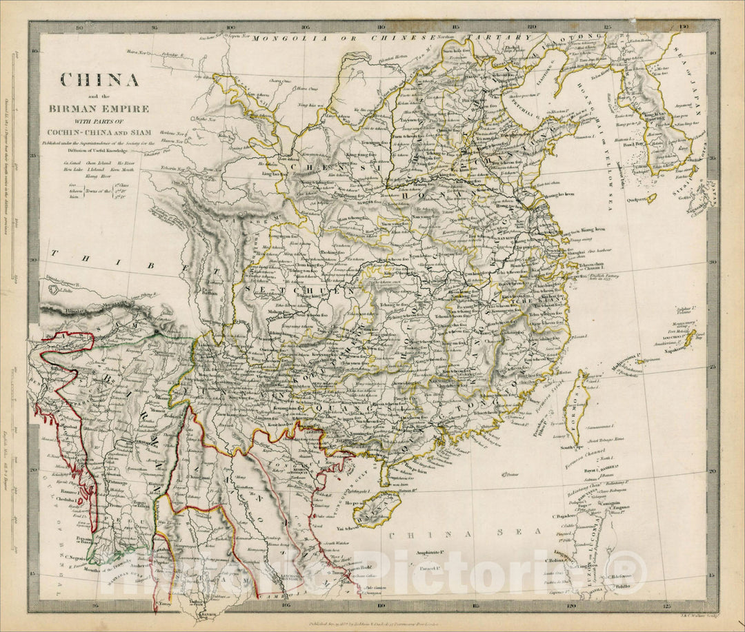 Historic Map : China and the Birman Empire wih parts of Cochin-China and Siam , 1843, SDUK, Vintage Wall Art