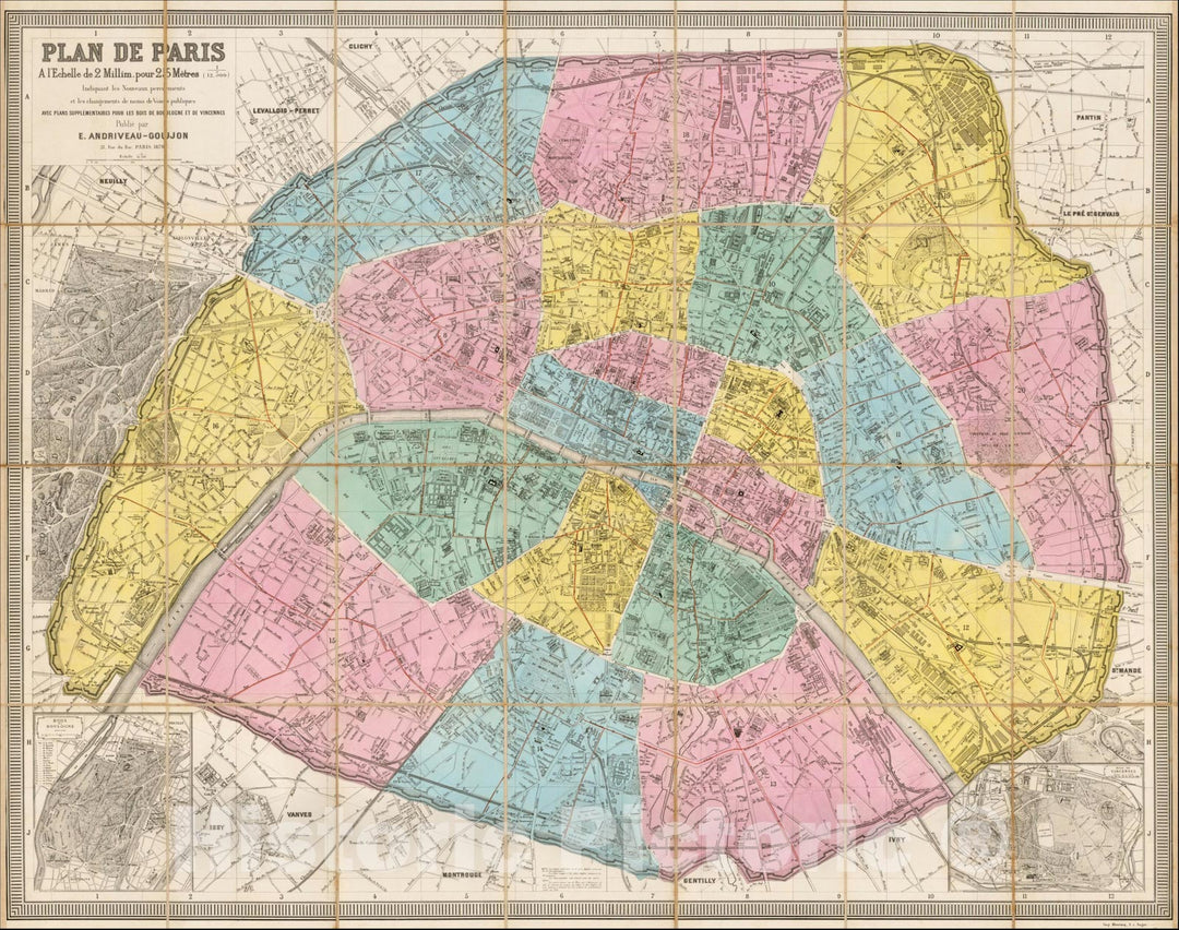 Historic Map : Plan de Paris A l'Echelle de 2 Millim, 1870, Eug?e Andriveau-Goujon, Vintage Wall Art