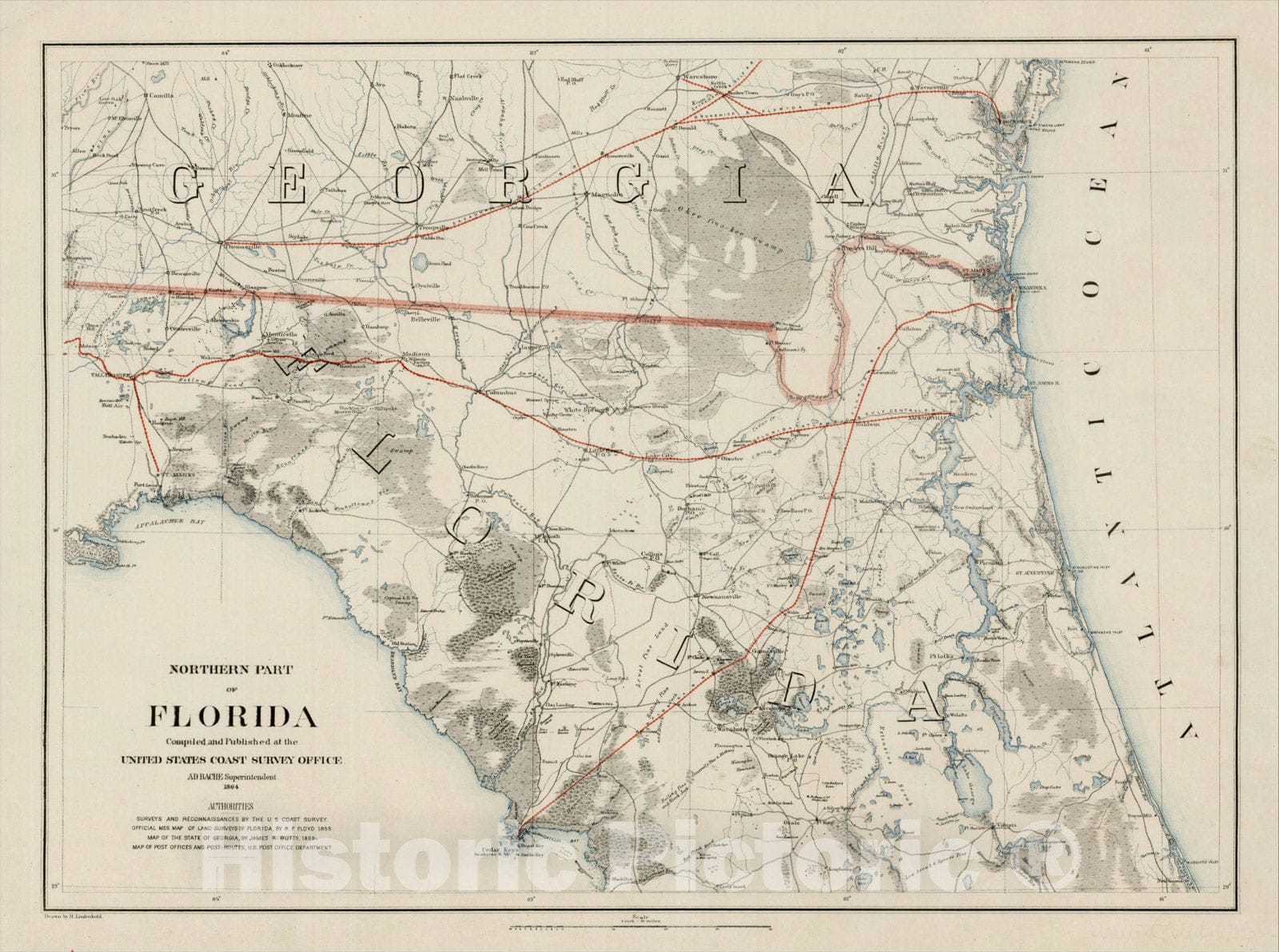 Historic Map : Northern Part of Florida, Compiled and Published at the United States Coast Survey Office . . .1864, 1864, , Vintage Wall Art