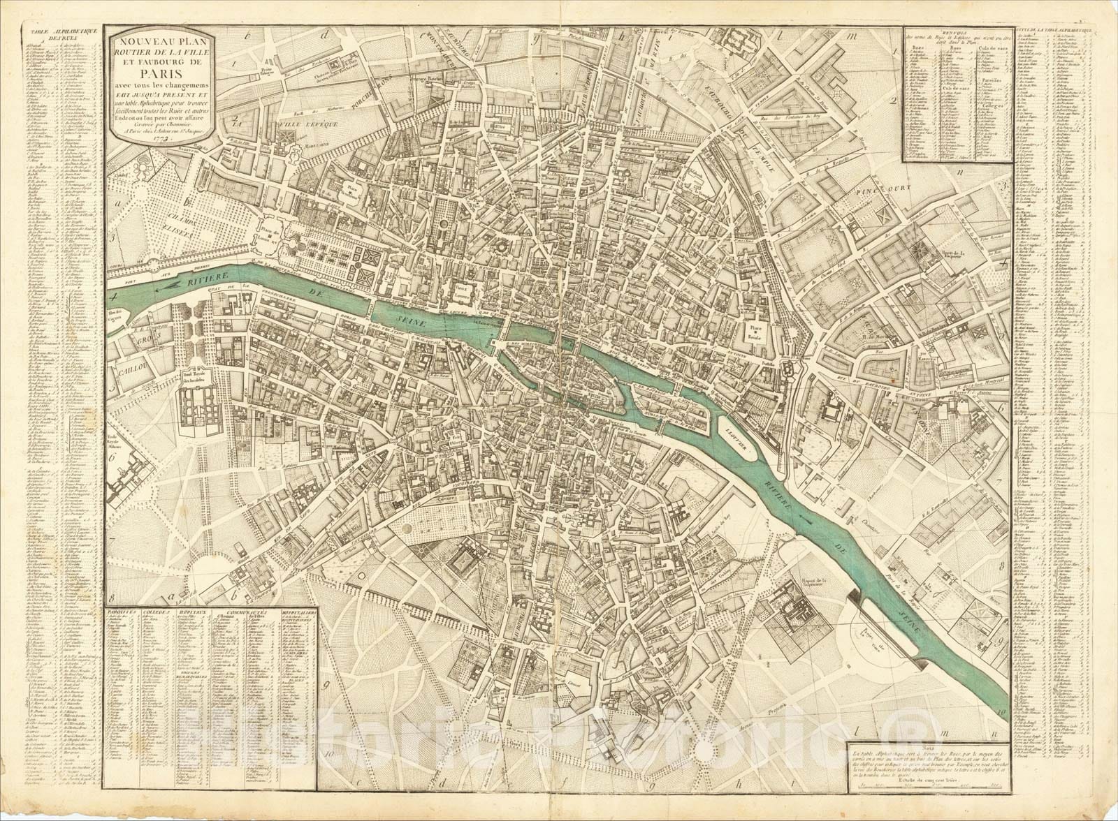 Historic Map : Nouveau Plan Routier de la Ville et Faubourg de Paris avec tous les changemems, 1773, C.J. Chaumier, Vintage Wall Art