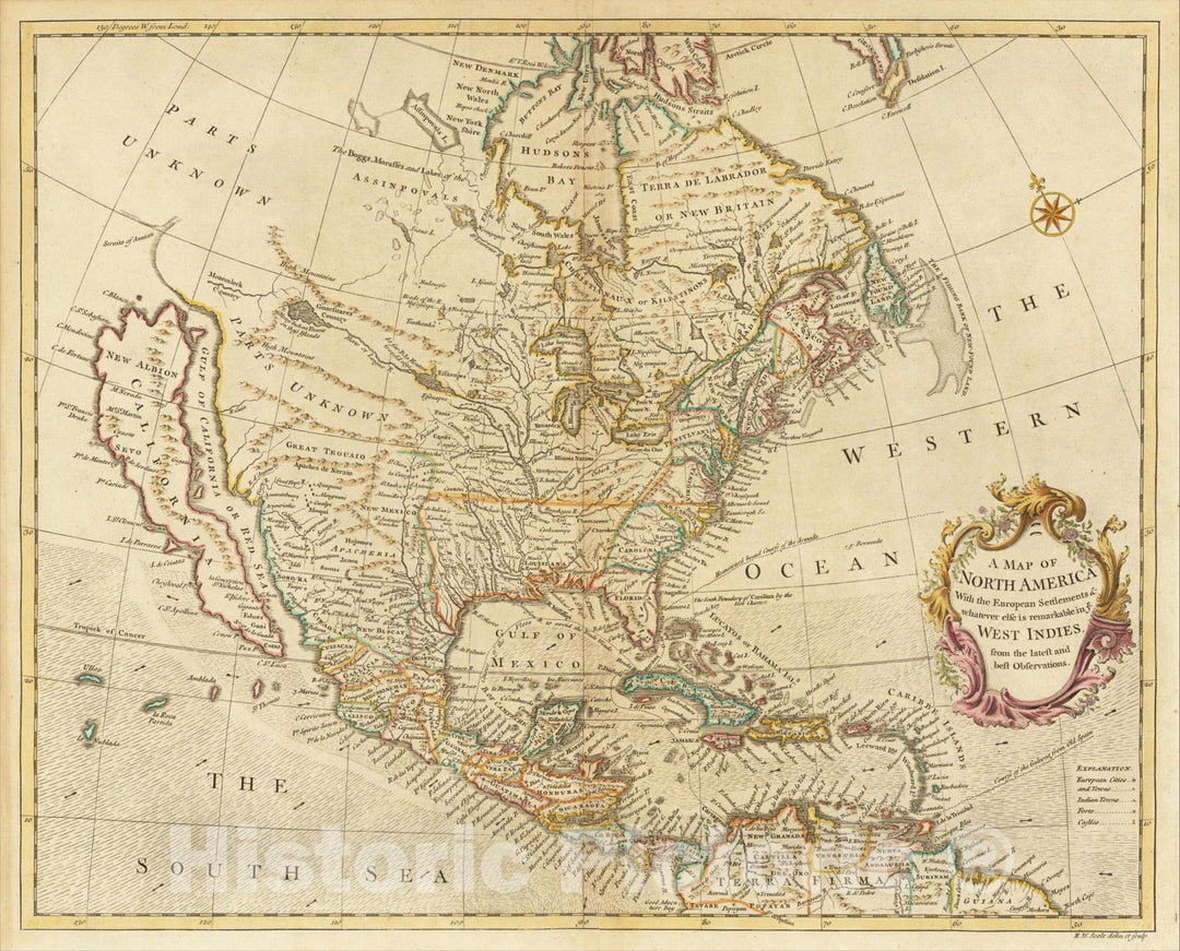 Historic Map : A Map of North America With the European Settlements & whatever else is remarkable in ye West Indies from the latest and best Observations, 1733, Vintage Wall Art