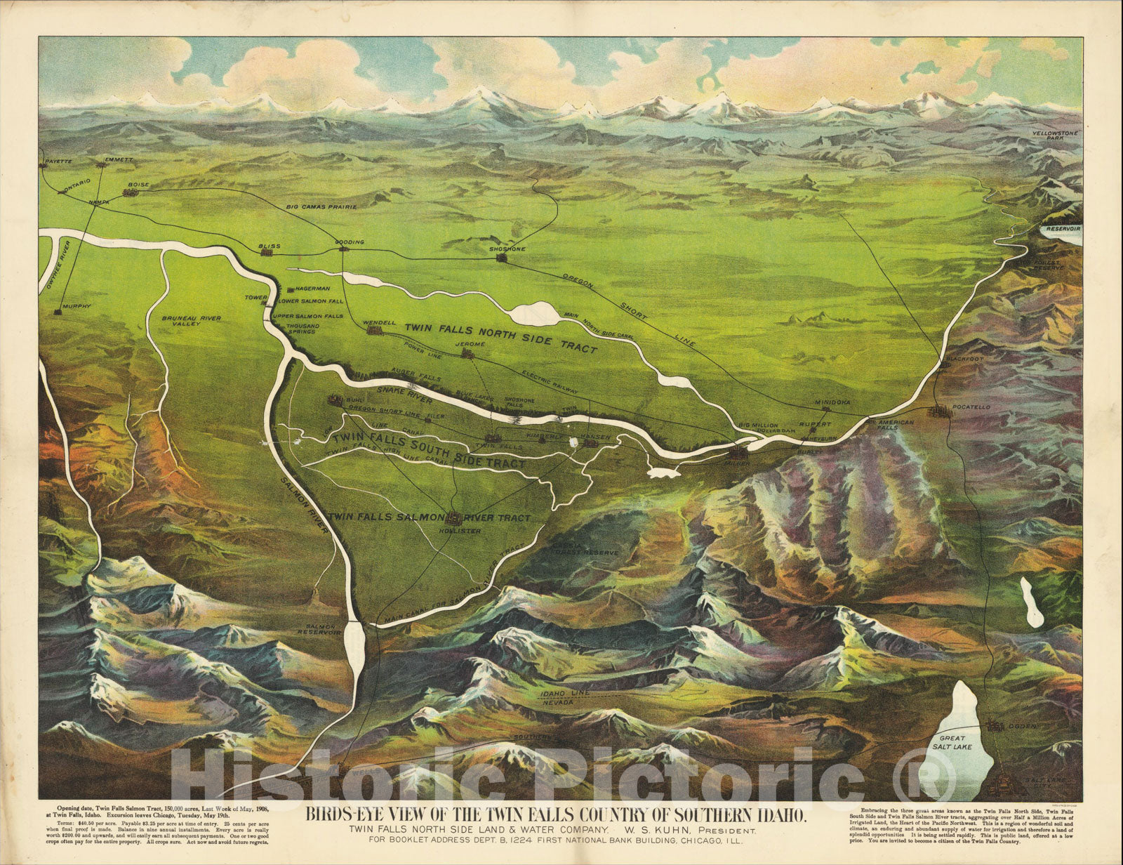 Historic Map : Birds-Eye View of the Twin Falls Country of Southern Idaho. Twin Falls North Side Land & Water Company. W. S. Kuhn, President, 1908, Vintage Wall Art