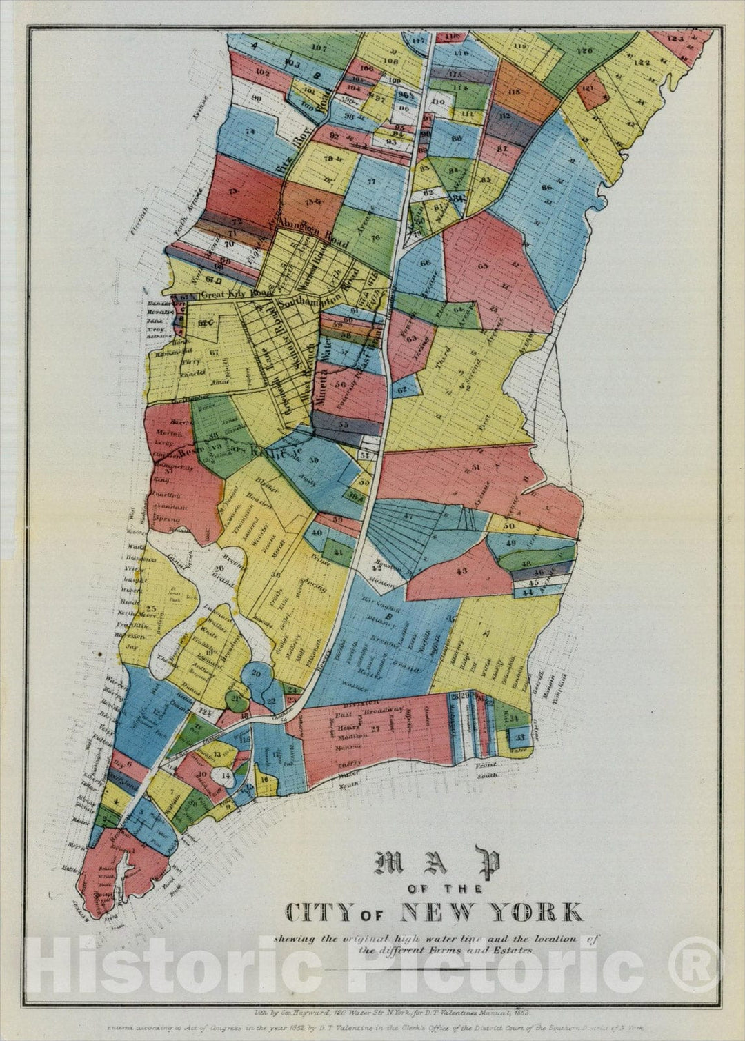 Historic Map : Map of the City of New York shewing the original high water line and the location of the different Farms and Estates, 1853, Valentine's Manual, Vintage Wall Art