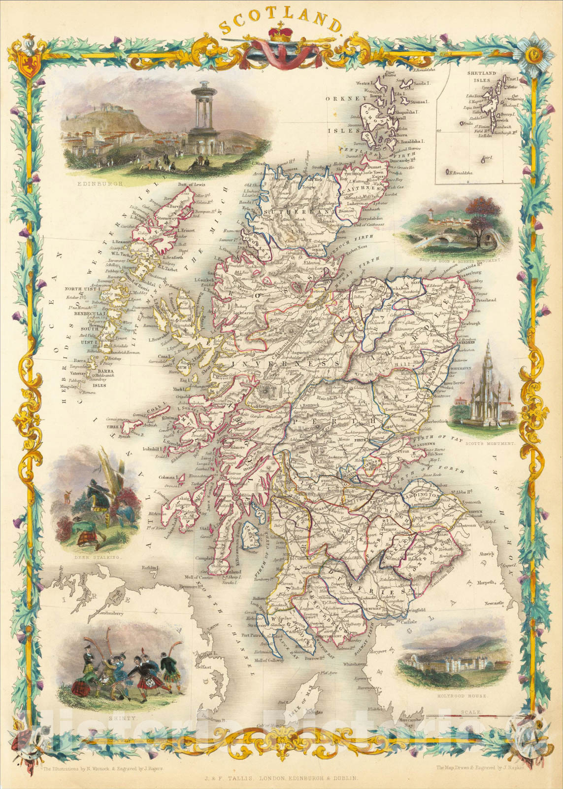 Historic Map : Scotland, 1851, John Tallis, v4, Vintage Wall Art