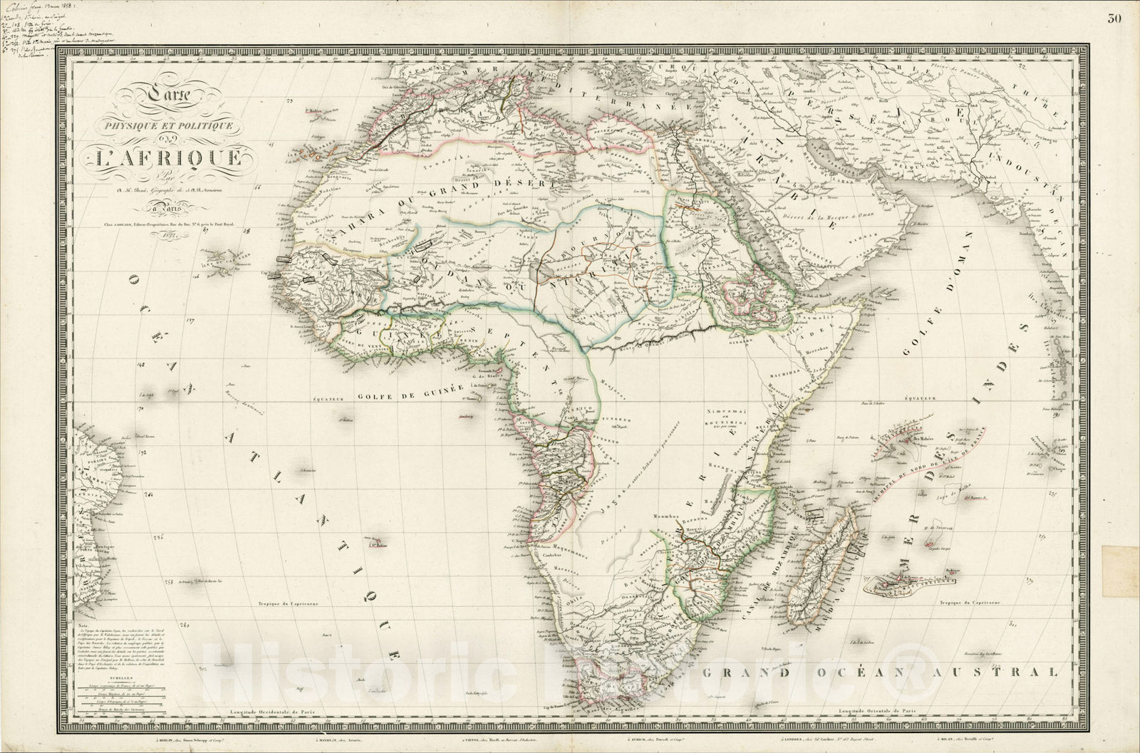 Historic Map : Carte de Physique et Politique de L'Afrique, 1822 (with contemporary manuscript annotations), 1822, , Vintage Wall Art