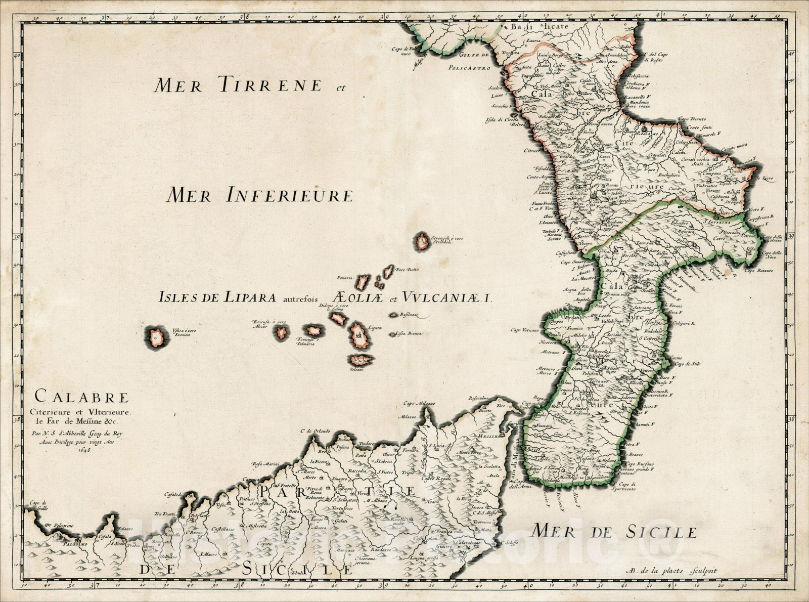 Historic Map : Calabre Citerieure et Ulterieure le Far de Messine andc., 1648 (with a large part of Sicily), 1648, , Vintage Wall Art