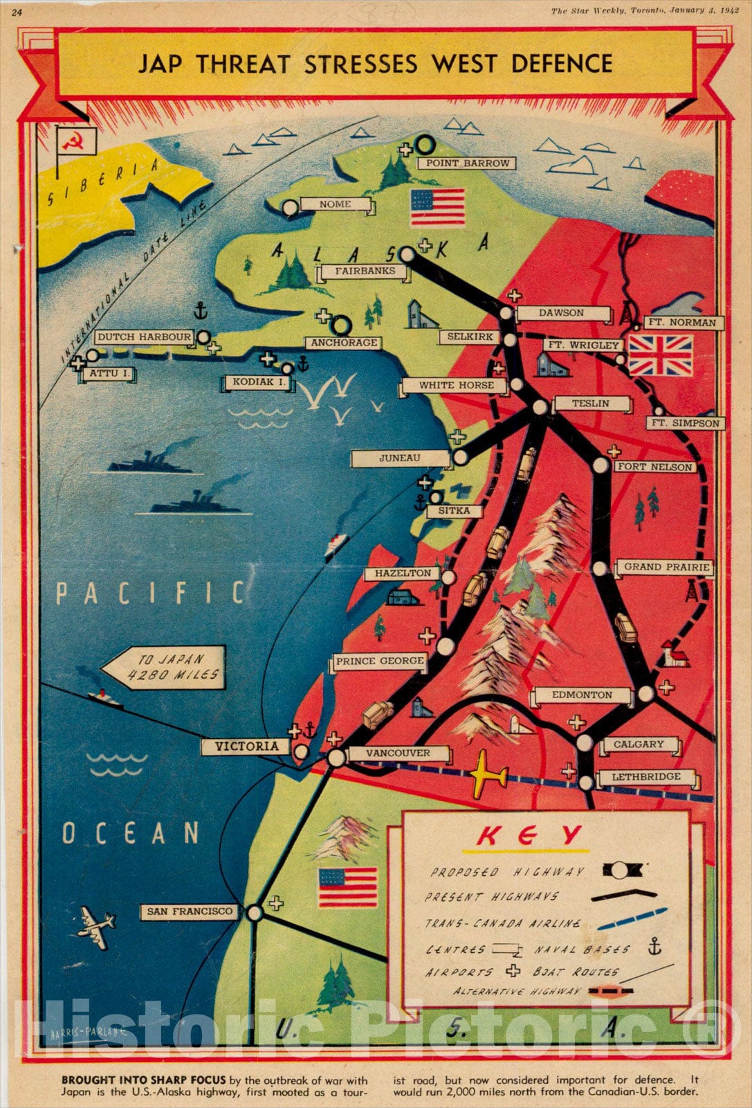 Historic Map : Jap Threat Stresses Western Defence (Alaska, British Columbia & Northwest), 1942, , Vintage Wall Art