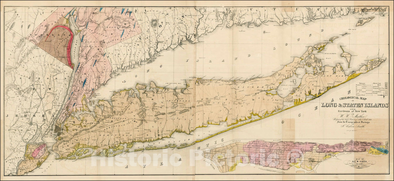 Historic Map : Geological Map of Long & Staten Islands with the Environs of New York by W.W. Mather, 1842, 1842, William W. Mather, Vintage Wall Art