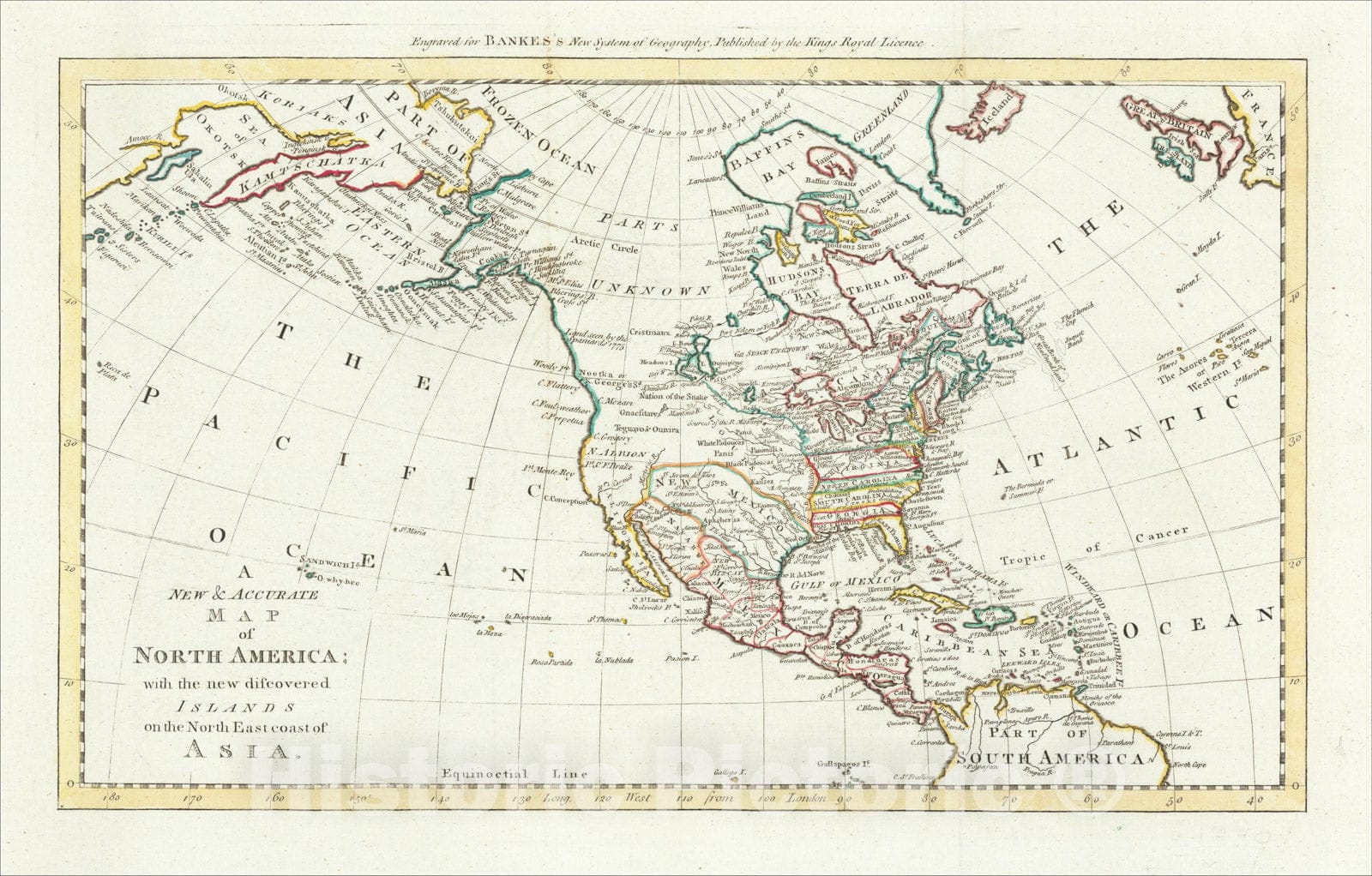 Historic Map : A New and Accurate Map of North America with the new discovered Islands on the North East Coast of Asia, c1785, Emanuel Bowen, Vintage Wall Art