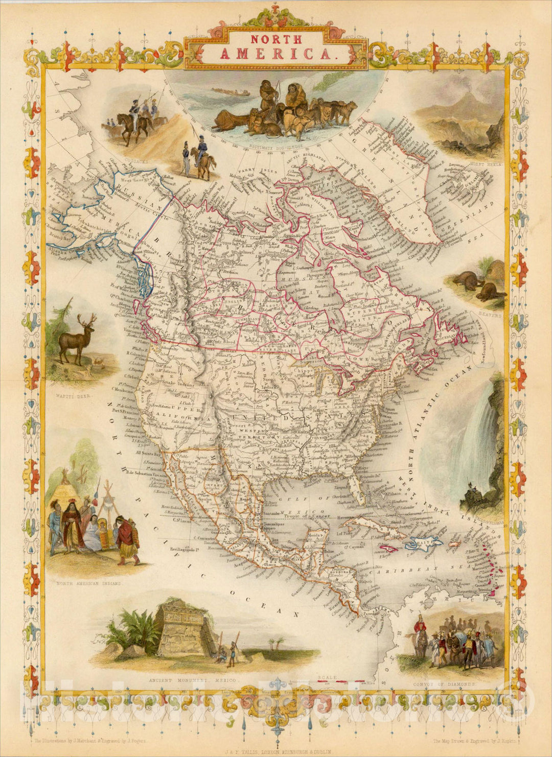 Historic Map : North America, 1851, John Tallis, v7, Vintage Wall Art