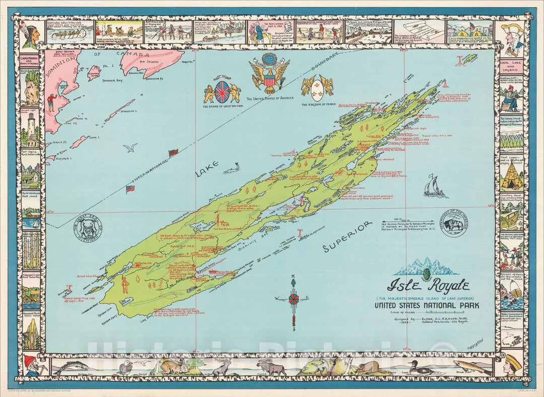 Historic Map : Isle Royale (The Majestic Emerald Island of Lake Superior) United States National Park, 1939, Elmer O.C. Krause, Vintage Wall Art