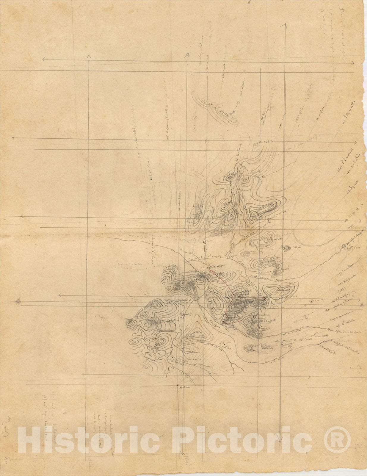 Historic Map : (Manuscript Map - Algeria) Topographical Map of Guelma, c1840, , Vintage Wall Art