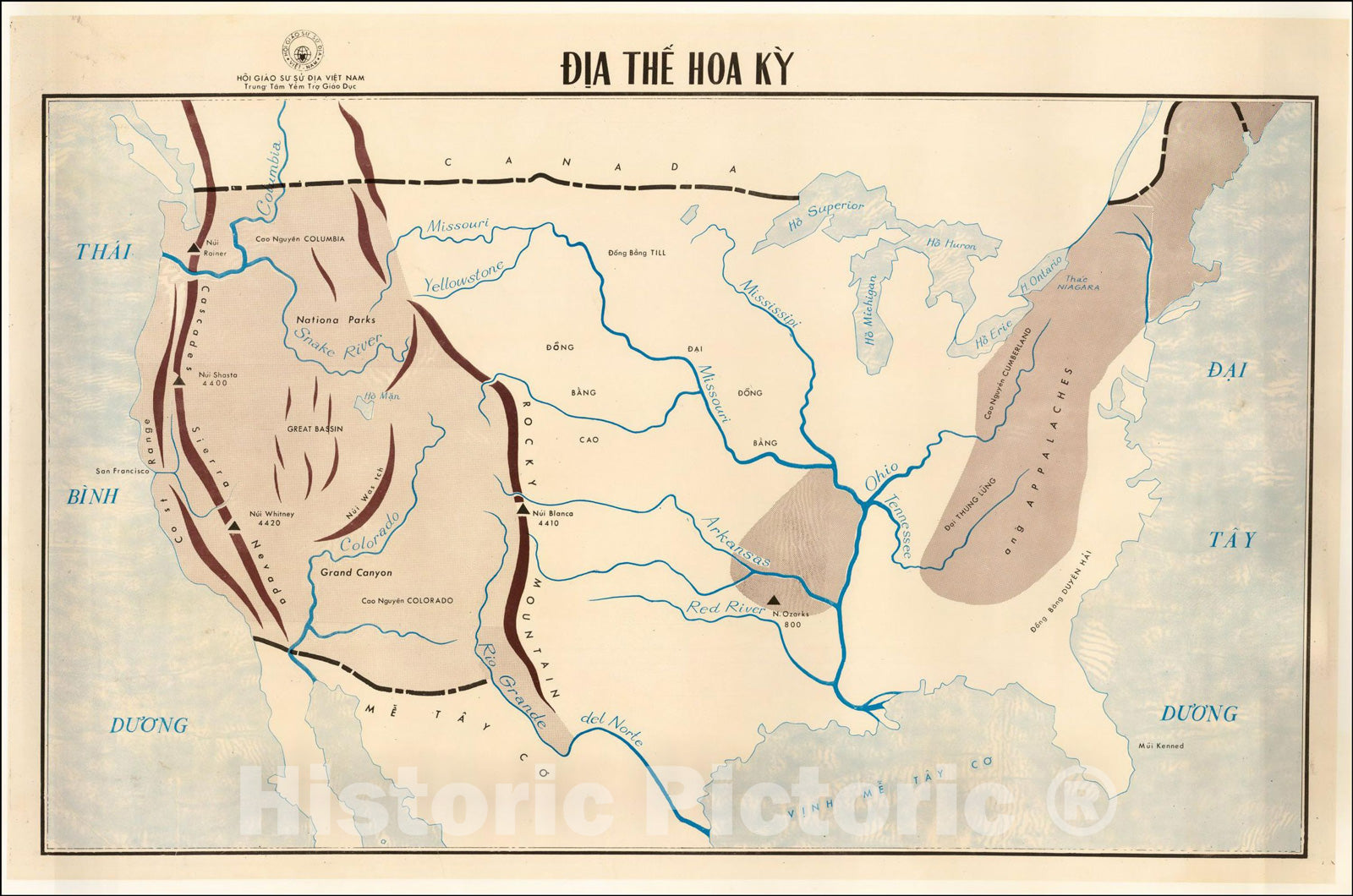 Historic Map : Dia The Hoa Ky (The United States -- Vietnamese Language Teaching Map), c1965, Trung Tam Yem Tro Giao Duc (Viet Nam), Vintage Wall Art