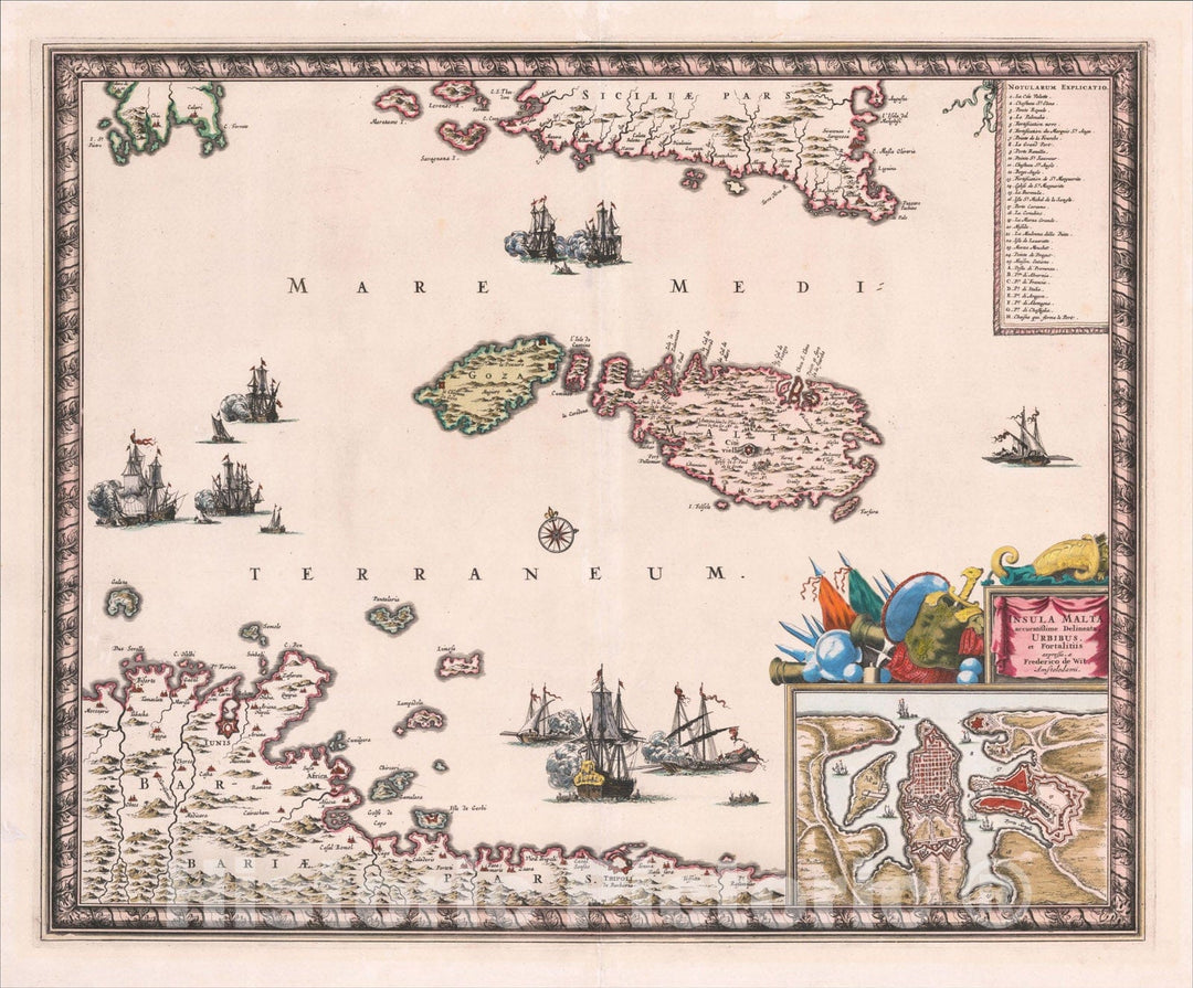 Historic Map : Insula Malta accuratissime Deliniata Urbibus, et Fortalitiis, c1680, Frederick De Wit, Vintage Wall Art