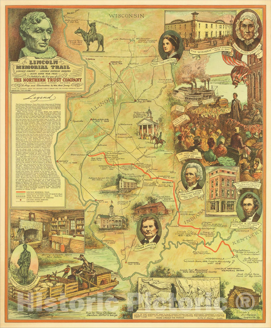 Historic Map : Lincoln Memorial Trail, 1940, 1940, William Mark Young, Vintage Wall Art