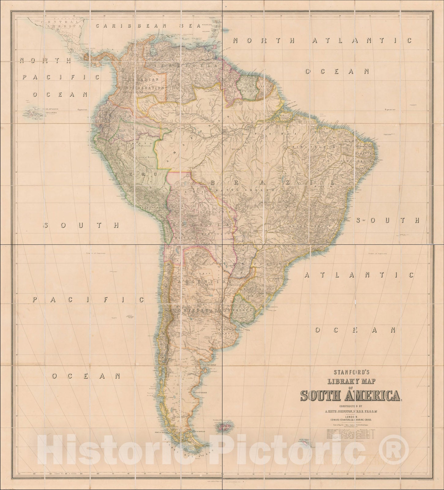 Historic Map : Stanford's Library Map of South America Constructed By A. Keith Johnston, 1864, 1864, Edward Stanford, Vintage Wall Art