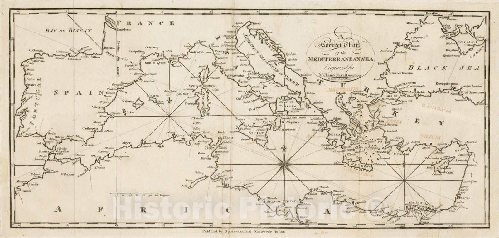 Historic Map : A Correct Chart of the Mediterranean Sea Engraved for Malham's Naval Gazetteer, 1797, Malham, Vintage Wall Art