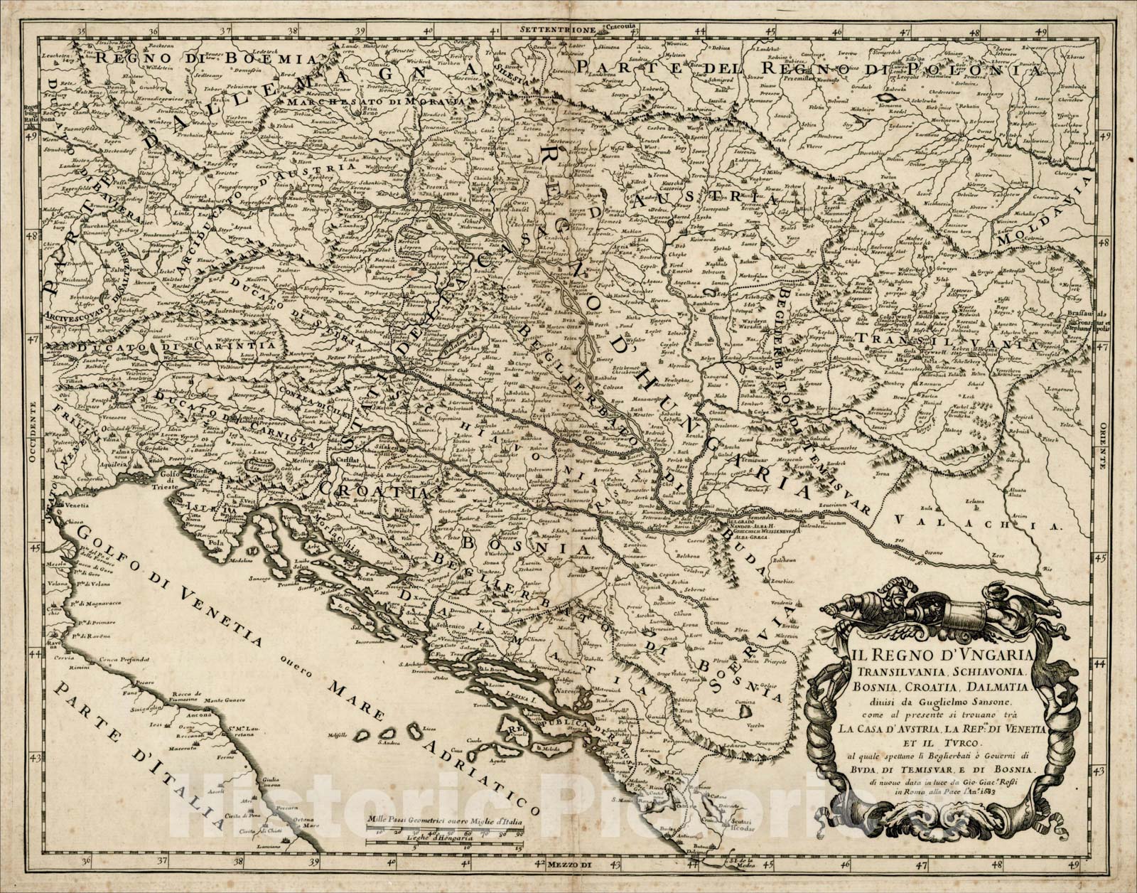 Historic Map : Il Regno D'Ungaria Transilvania, Schiavonia, Bosnia, Croatia, Dalmatia, 1683, 1683, Giacomo Giovanni Rossi, Vintage Wall Art