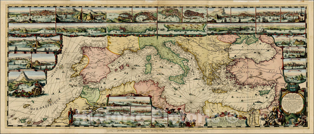 Historic Map : Carte Nouvelle De La Mer Mediterranee ou sont Exactement Remarques tous les Ports, Golfes, Rochers, Banks, de Sable &c, c1694, Romeyn De Hooghe, Vintage Wall Art