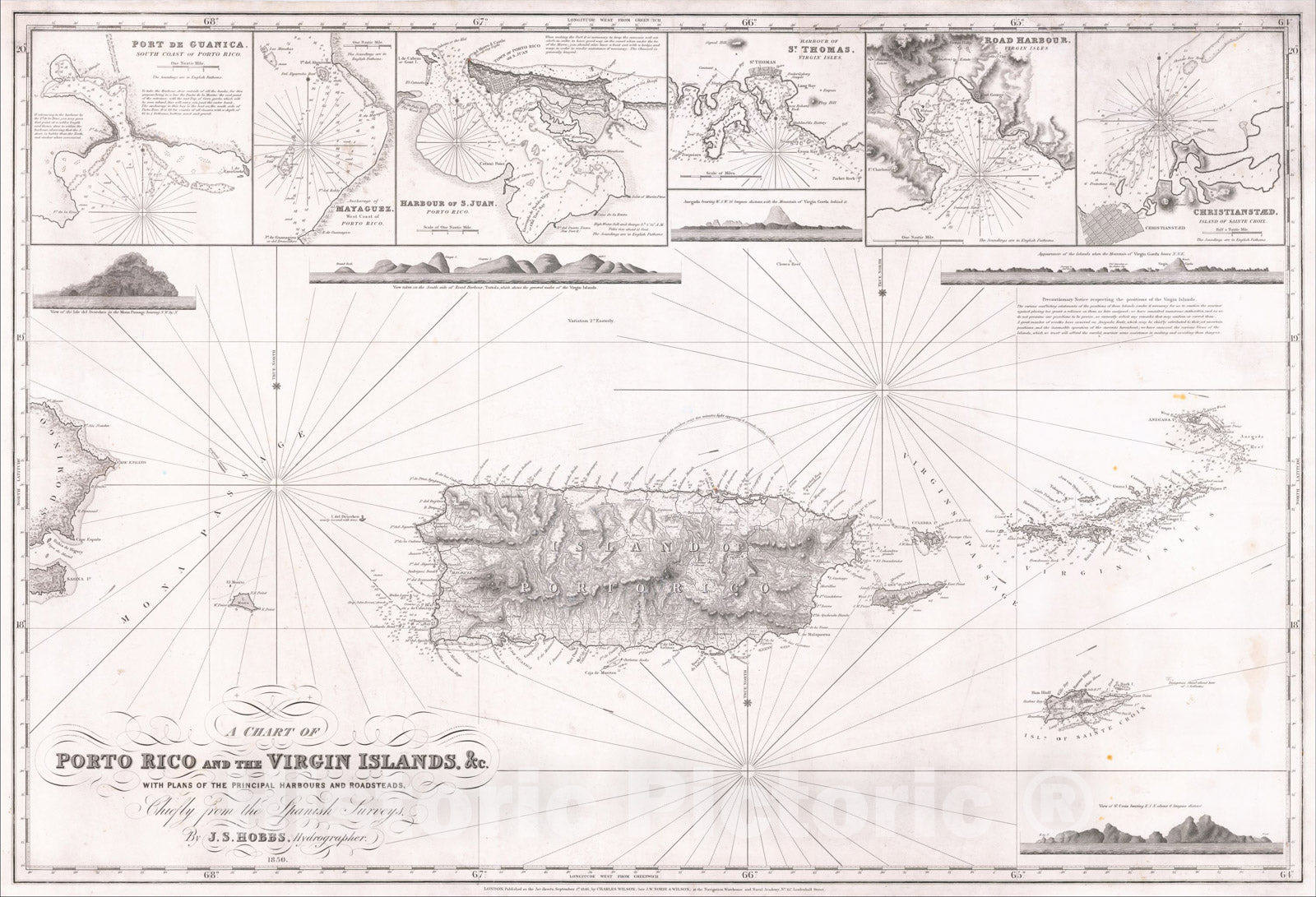 Historic Map : A Chart of Porto Rico and the Virgin Islands With Plans of the Principal Harbours and Roadsteads, 1850, C W Hobbs, Vintage Wall Art