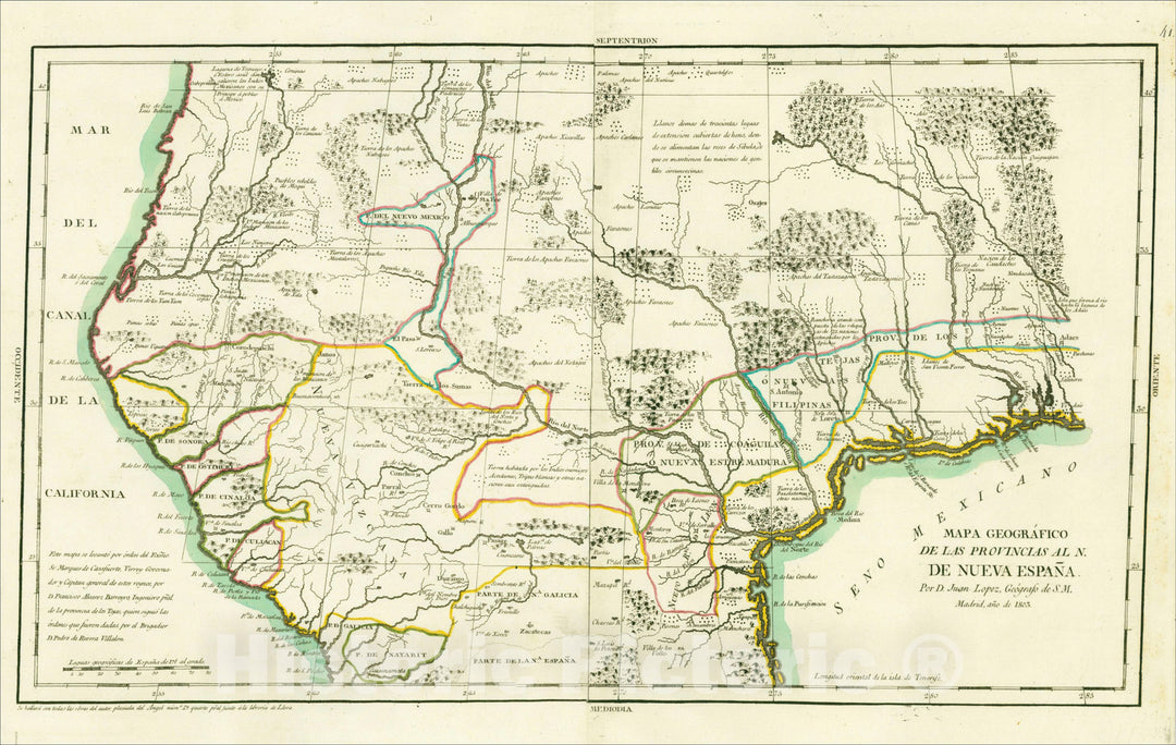 Historic Map : Mapa Geogr?ico de las Provincias al N. de Nueva Espa?. Por D. Juan Lopez, Ge?rafo de S.M. Madrid, a? de 1803, 1728, , Vintage Wall Art