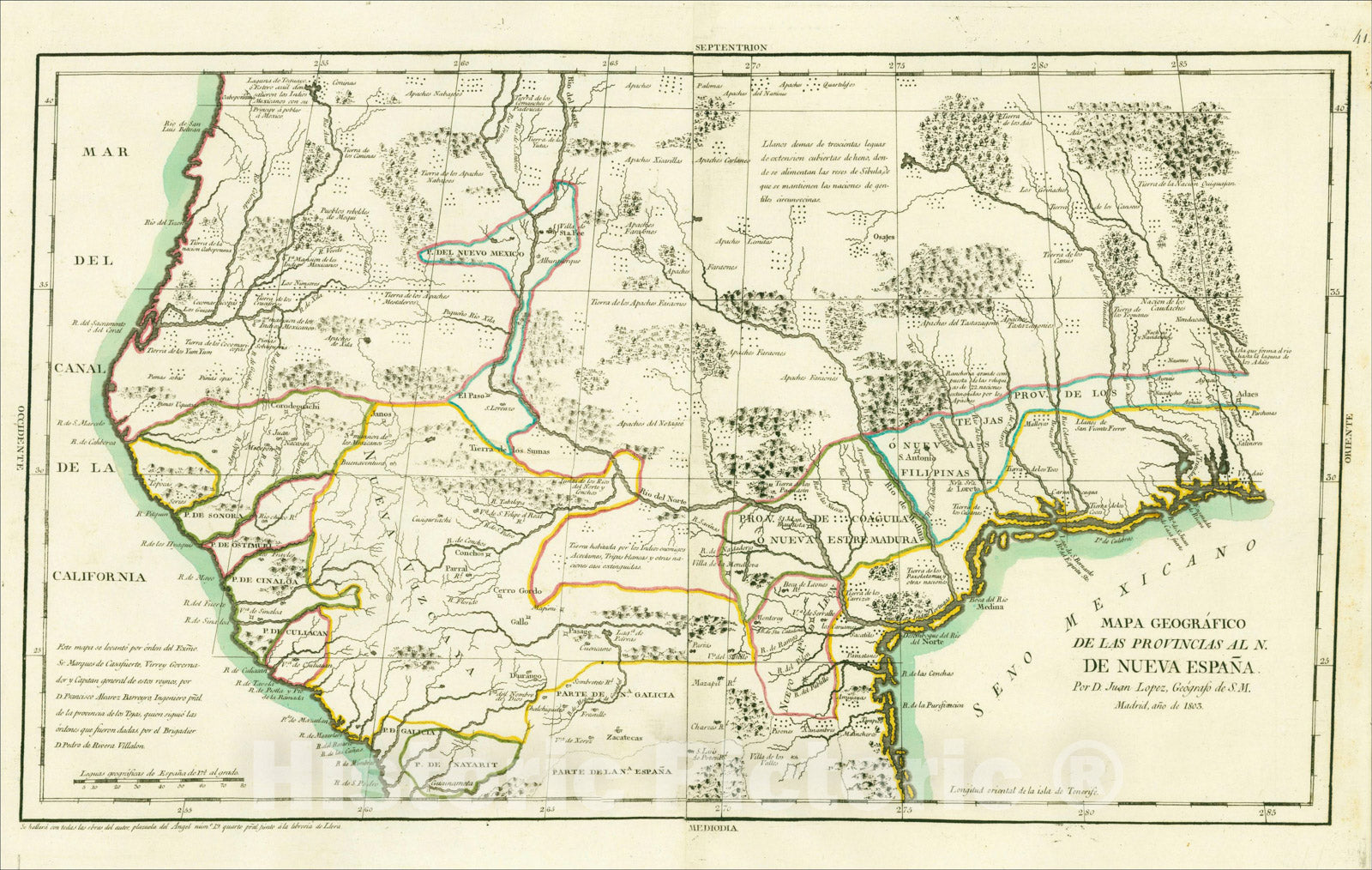 Historic Map : Mapa Geogr?ico de las Provincias al N. de Nueva Espa?. Por D. Juan Lopez, Ge?rafo de S.M. Madrid, a? de 1803, 1728, , Vintage Wall Art