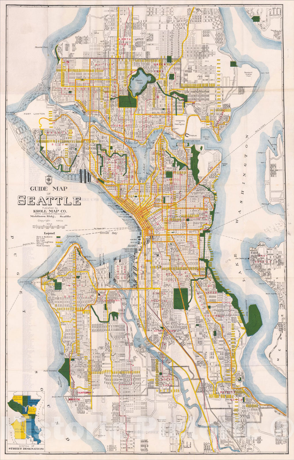 Historic Map : Guide Map of Seattle , 1927, Kroll Map Company, Vintage Wall Art