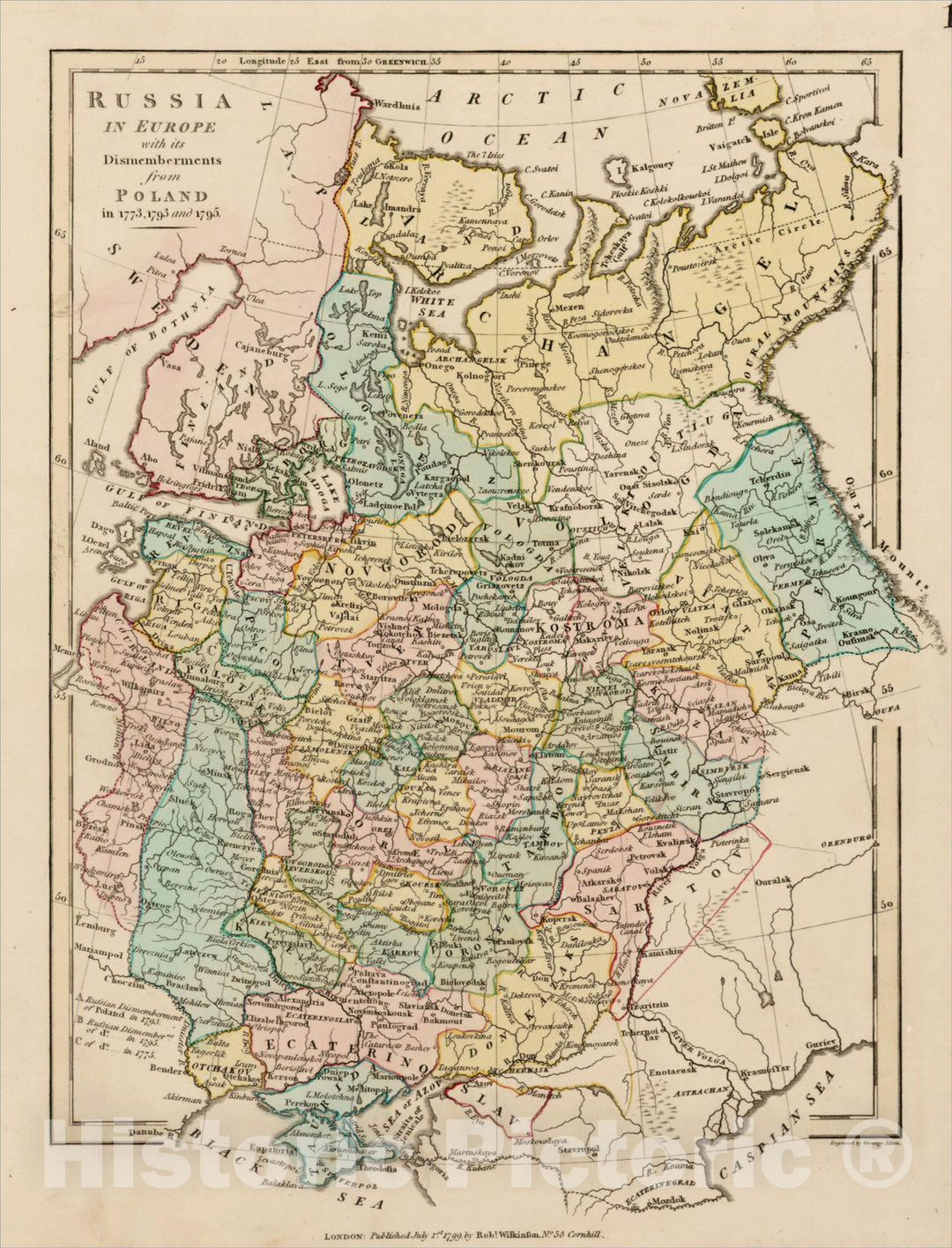 Historic Map : Russia In Europe with its Dismemberments from Poland in 1773, 1793 and 1795, 1799, Robert Wilkinson, v2, Vintage Wall Art