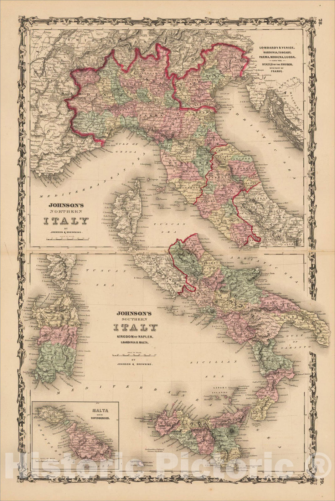 Historic Map : Johnson's Northern Italy and Southern Italy Kingdom of Naples, I. Sardinia & Malta [Large inset of Malta], 1861, Alvin Jewett Johnson, Vintage Wall Art